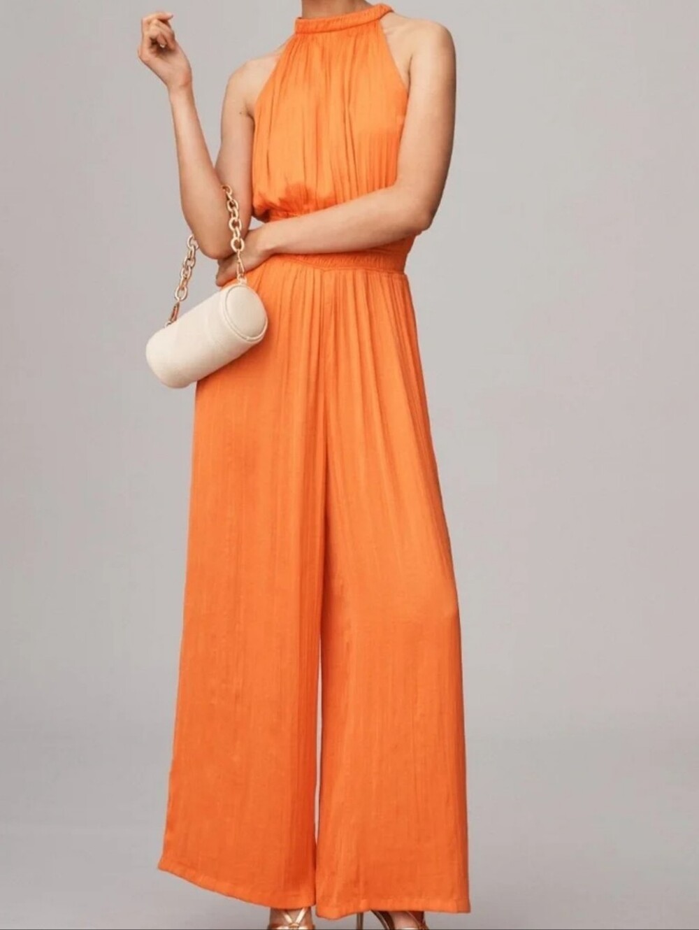 Anthropologie Orange Crinkle Silky Halter Wide Leg Jumpsuit, XL, NWT
